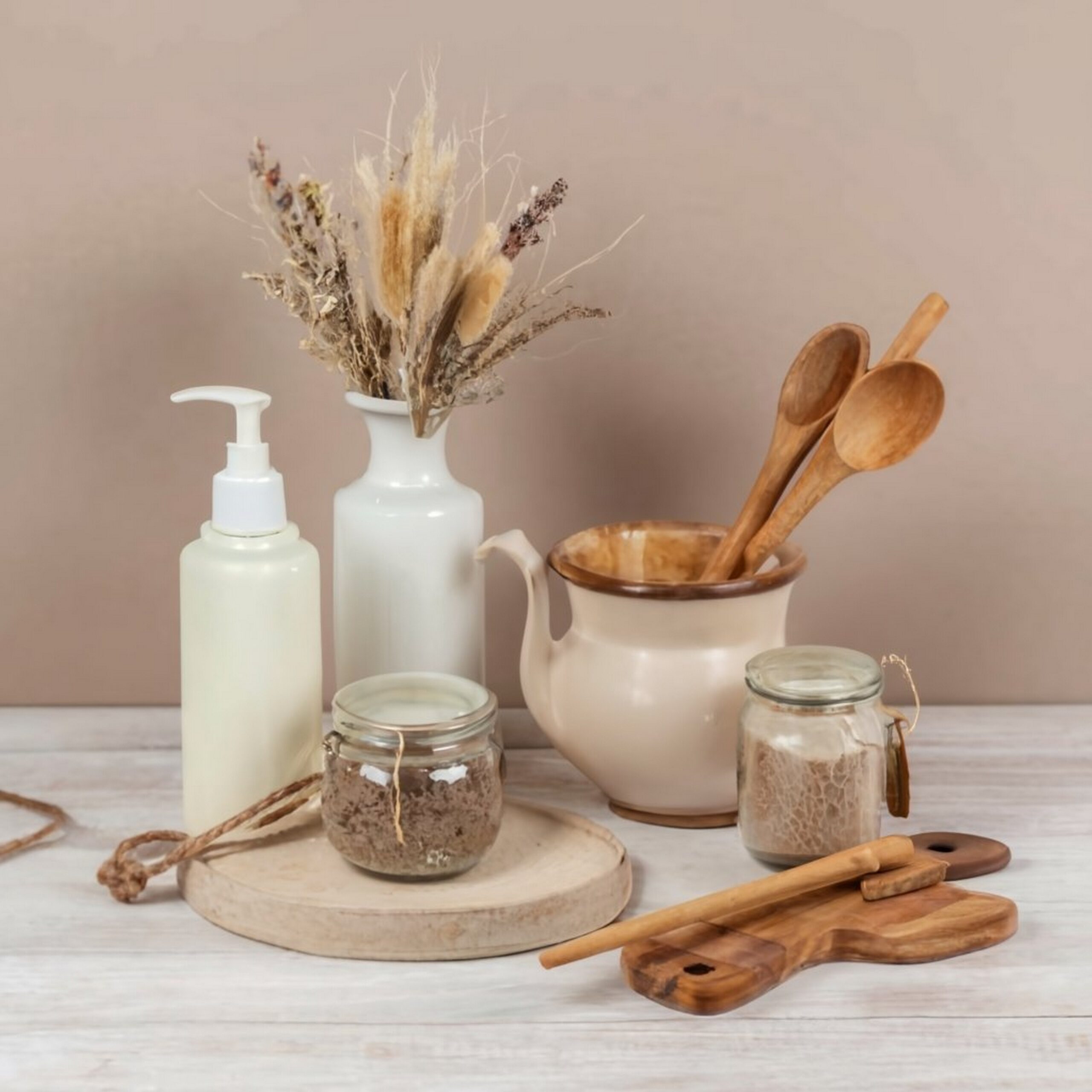 Kitchen shelves with various white ceramic and glass jars. Open shelves in the kitchen. Kitchen interior ideas. Eco friendly kitchen, zero waste home concept