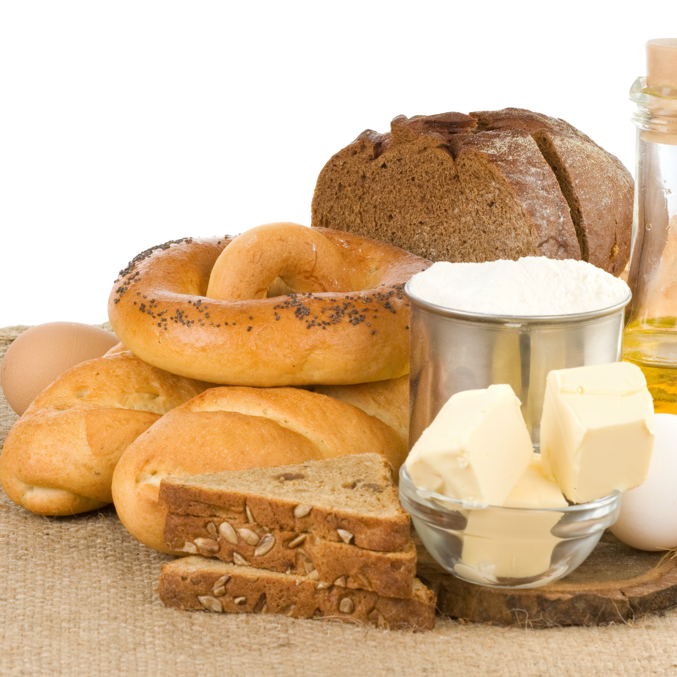 set of bakery products isolated on sack burlap background